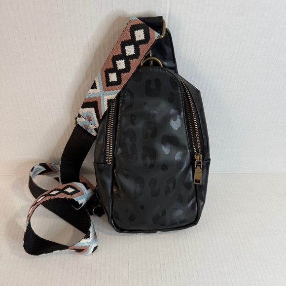 None Handbags - Leopard Print Black Crossbody Bag sling bad faux leather